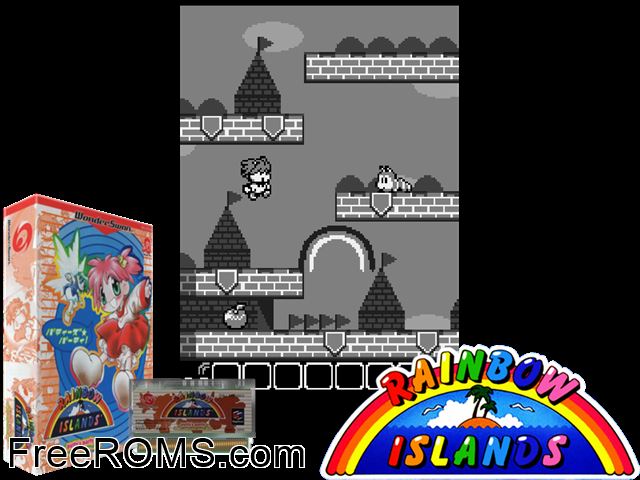 Rainbow Islands - Putty's Party (J) [M] Wonderswan game showing 3D box cover and gameplay screenshot